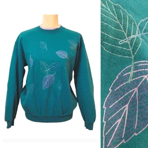 VTG 90s Green Blue Embroidered Leafs Layered Crewneck Pullover Large - Picture 1 of 16